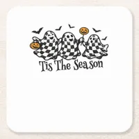 Retro Tis The Season Checkered Halloween Square Paper Coaster