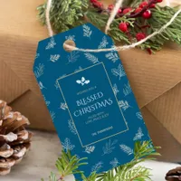 Simple White Winter Leaves Mistletoe Blue Gift Tags