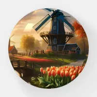 Windmill in Dutch Countryside by River with Tulips Paperweight