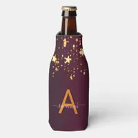 Burgundy gold stars party monogram name bottle cooler