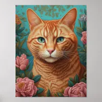 Ginger Tabby Cat and Peonies Poster