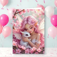 Pretty Pink Elven Fairy & Dragon | Happy Birthday Card