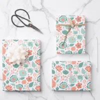 Minimalist Coral and Green Abstract Flowers Wrapping Paper Sheets
