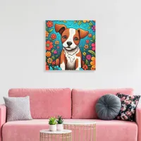 Cute Puppy with Whimsical Folk Art Flowers Canvas Print