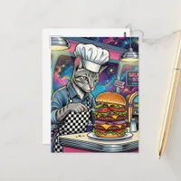 Cute Cat Chef Making Cheeseburger in Space Diner Postcard