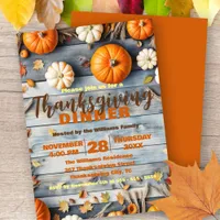 Pumpkins and Leaves on Barn Wood Fall Thanksgiving Invitation