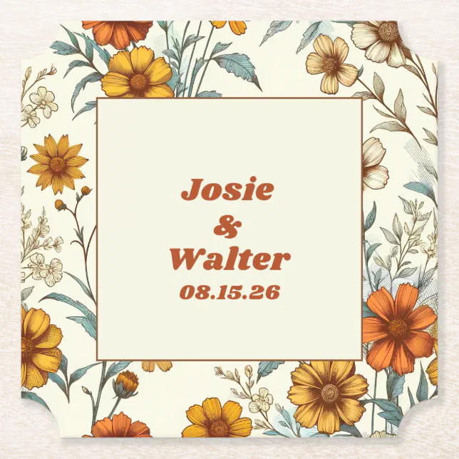 Vintage Floral 70s Inspired Timeless Wedding Paper Coaster