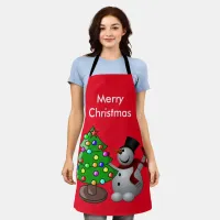 Merry Christmas Tree 3D Snowman Red Medium Apron