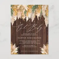 Boho Pampas Grass Wood Twinkle Lights Baby Shower Invitation Postcard