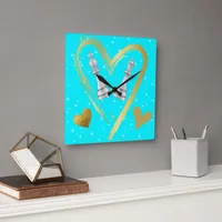 Gold Hearts King and Queen Chess Pieces on Turq | Square Wall Clock