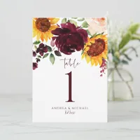 Table Numbers Sunflower Roses Burgundy Red Wedding