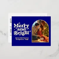 Navy and Gold Merry and Bright Retro Christmas Foil Holiday Postcard