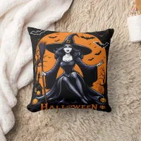 A mystical witch celebrates Halloween at twilight Throw Pillow