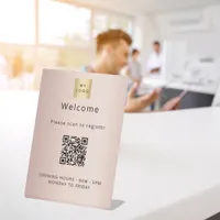 Rose gold QR code customer registration welcome Pedestal Sign