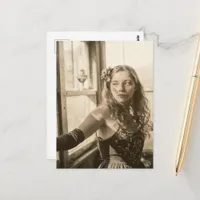 Woman in a Greenhouse Sepia Vintage Postcard