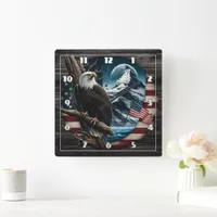 Bald Eagle on Branch With Mountain and Flag Square Wall Clock