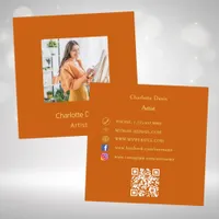 Burnt orange photo QR code social media Square Business Card