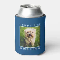 World's Best Dog Mom Paw Prints Photo on Blue Can Cooler