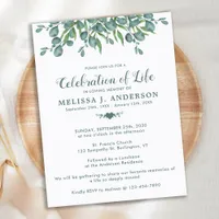 Celebration Of Life Eucalyptus Greenery Funeral Invitation Postcard