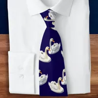 Stylish Elegant Birds Navy Blue Lake White Swans Neck Tie