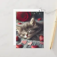 A cute Sleeping Valentine Kitten Postcard