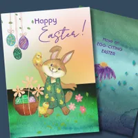 Easter bunny holding chicken holiday card