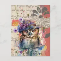 Watercolor Wildflowers Owl Vintage Collage Postcard