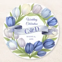 Elegant Watercolor Tulip Wreath Wedding Blue Ivory Round Paper Coaster