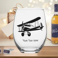 Retro Plane Silhouette Aircraft Custom Text Stemless Wine Glass