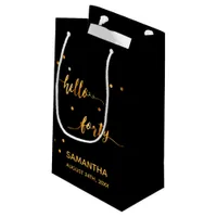 40th birthday black gold hello 40 name script small gift bag