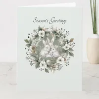 Cute Rabbits in a Floral Winter Wreath Card