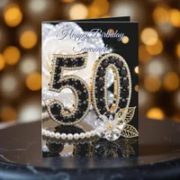 Glamorous Black Gemstone White Rose 50th Birthday Card