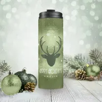 Deer Antlers Silhouette & Snowflakes Green ID861 Thermal Tumbler