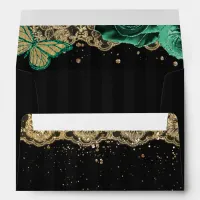 Green Roses Butterfly Black Gold Lace Envelope