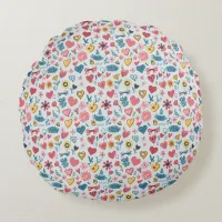 Crayon Pastel Heart & Flowers Round Pillow