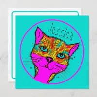 Custom Name Funky Colorful Cat Purple Teal Card