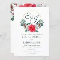 Christmas Berry Poinsettia Wreath Monogram Wedding Invitation