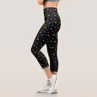 Colorful Foil Paw Prints Pattern on Black Capri Leggings