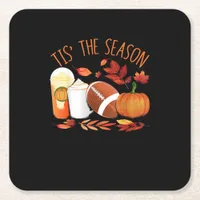 Tis The Season Football Pumpkin Thanksgiving Athle Square Paper Coaster