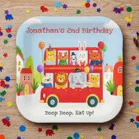 Cute Animal Double Decker Party Bus Birthday Paper Plates