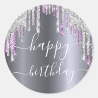 Happy Birthday glitter silver purple sparkle glam Classic Round Sticker