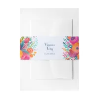 Modern Pink and Orange Watercolor Flowers Wedding Invitation Belly Band