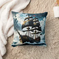 Pirate Ship Sailing Through Stormy Waters Throw Pillow