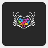 Autism Awareness Skeleton Heart Puzzle Piece Square Sticker