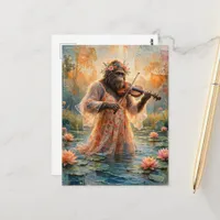 Sasquatch with a violin in the lily pond postcard