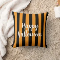 Happy Halloween Pumpkin Orange Black Striped Throw Pillow