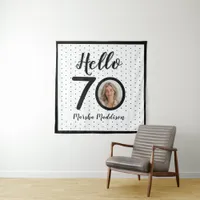 Hello 70 Black & White Dots Photo & Name Birthday Tapestry