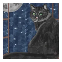 Black Cat Looking at the Moon and Stars  Faux Canvas Print