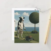 Surreal Black and White Cow Mowing the Lawn Postcard