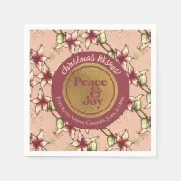 Peace & Joy, Pink Burgundy Gold Christmas Napkins